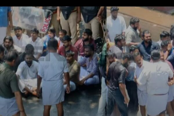 KSU നേതാക്കളെ മുഖം മൂടി ധരിപ്പിച്ച സംഭവം; വടക്കാഞ്ചേരി പൊലീസ് സ്റ്റേഷനിലേക്ക് നടത്തിയ മാർച്ചിൽ സംഘർഷം